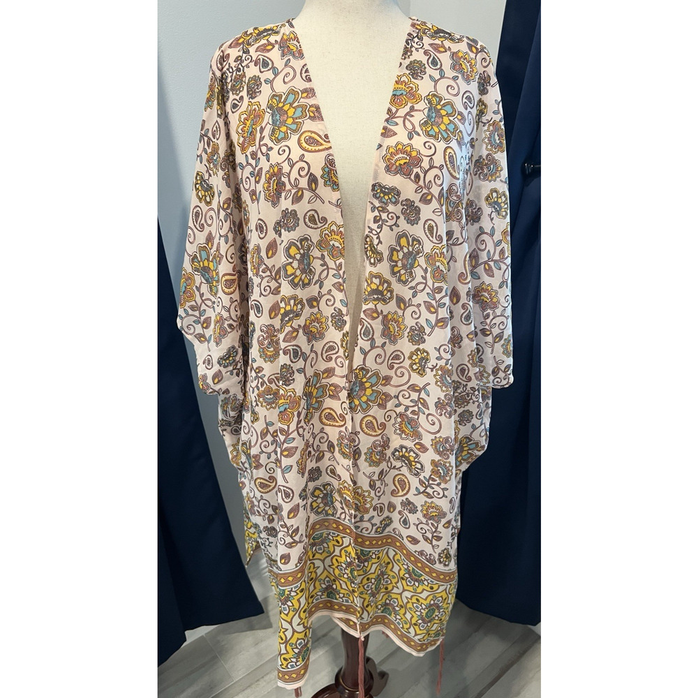 PLANET GOLD PLUS‎ Kimono PINK 2X Artsy Boho Beach Pool Paisley Tassels Floral